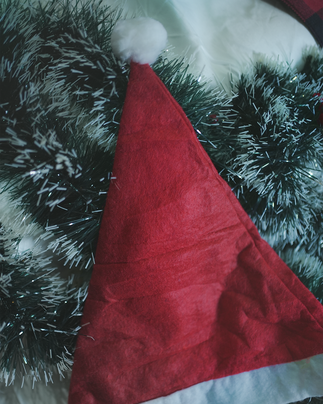 Christmas scene with red hat and green tinsel decoration.